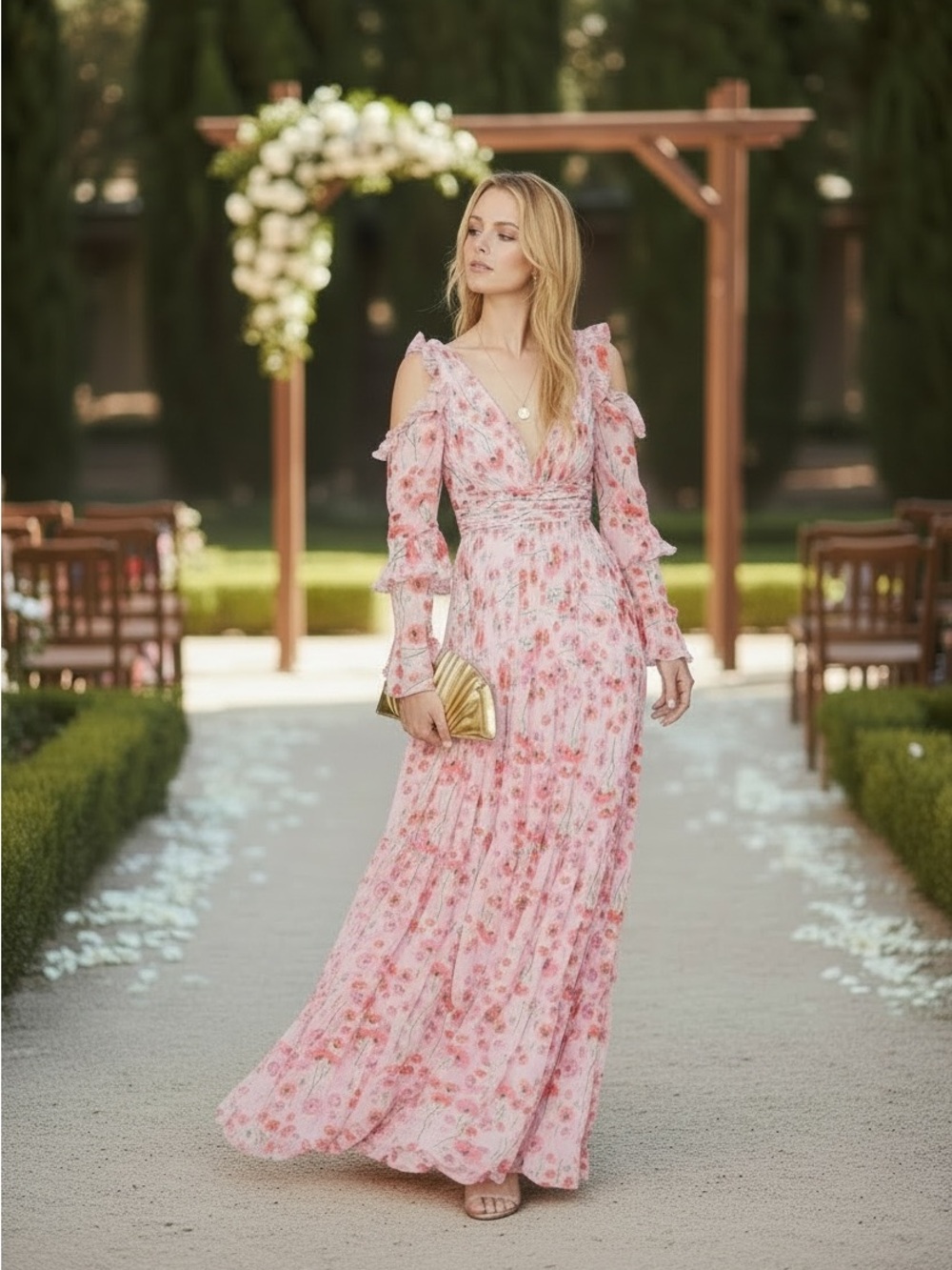 Ieena for MacDuggal Floral Pink Cold-Shoulder Maxi Dress Sz 12